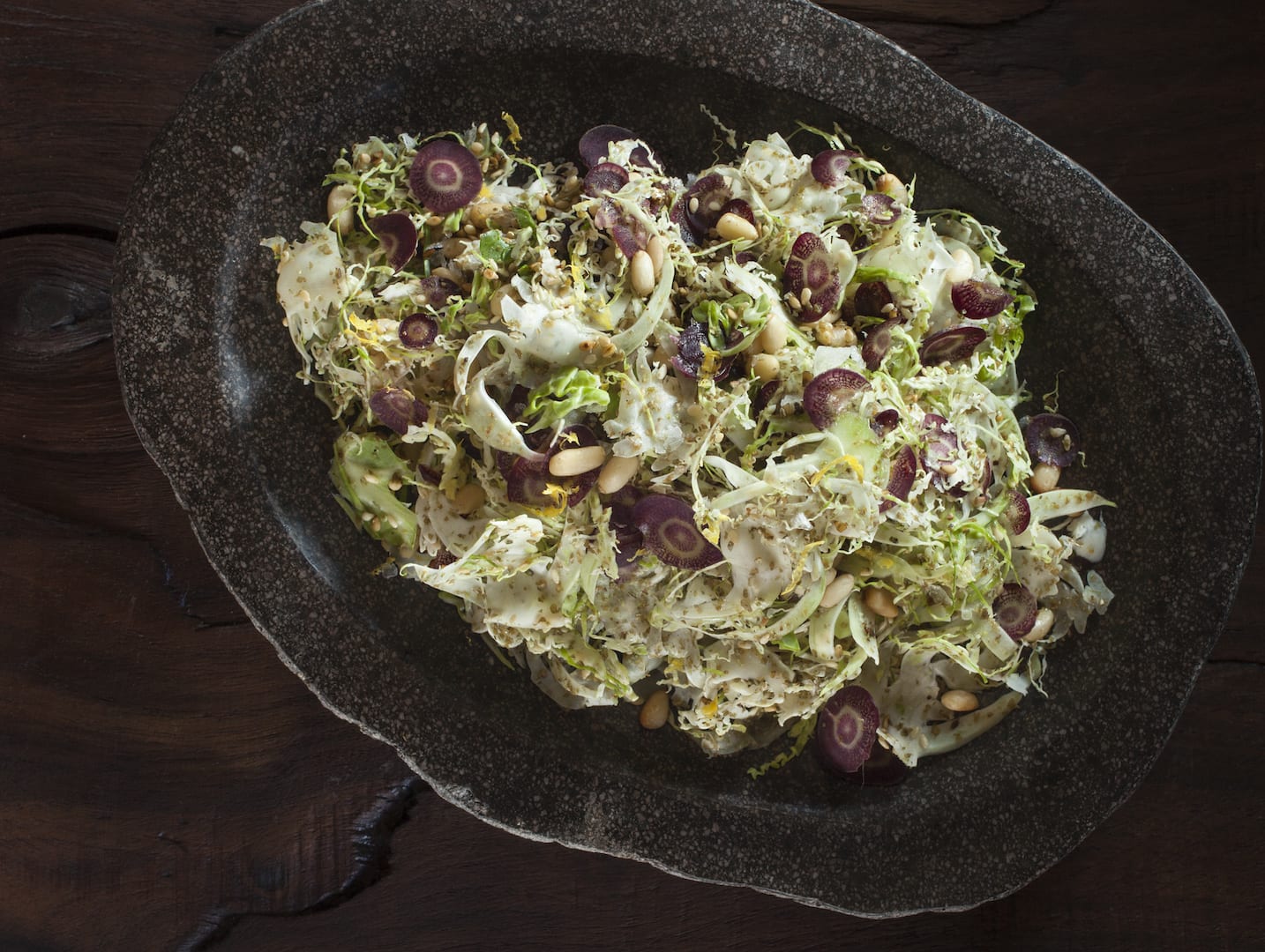 Shaved Brussels Sprouts with Za’atar Lemon and Pine Nuts at Crossroads by Chef Tal Ronnen, Executive Chef Scot Jones & Executive Pastry Chef Serafina Magnussen