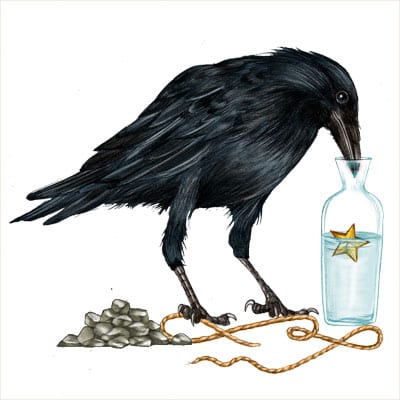 Illustration of Asops Fable Crow Trying to get water from pitcher