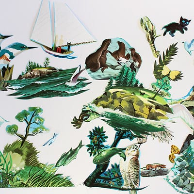 Images cut out from the book The Little Island layed out before being pasted on to the medium weight craft paper.