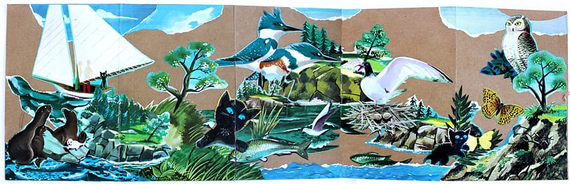 The Little Island book illustrations pasted to medium weight craft paper creating a nautical island scene.